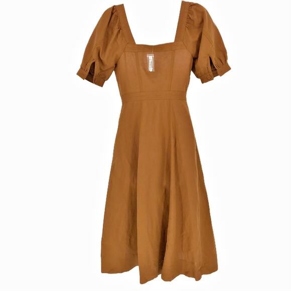Madewell Womens Midi Dress 00 Brown Seamed Puff-Sleeve Button Front NK416 NWT - Picture 9 of 14